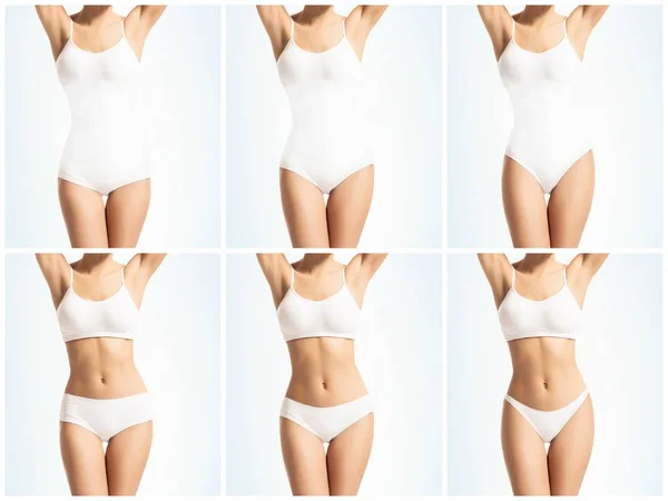 Collage Eines Weiblichen Körpers Weißer Unterwäsche Gesundheit Sport Fitness Ernährung — Stockfoto