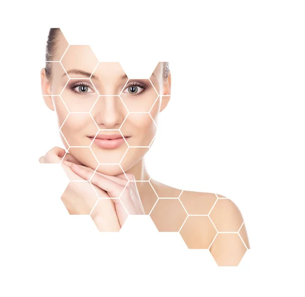 Facial Portrait Young Healthy Woman Honeycomb Mosaic Plastic Surgery Skin — Stock Photo, Image