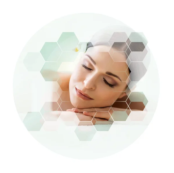 Young Beautiful Woman Spa Collage Honeycomb Mosaic Tiles Healing Massaging — Stock Photo, Image