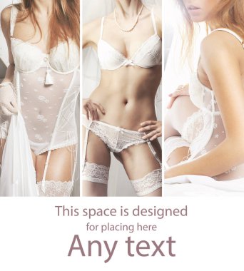 Genç, seksi ve güzel gelin iç çamaşırı. Moda model seksi iç çamaşırı poz. Bahar kavramı kolaj.