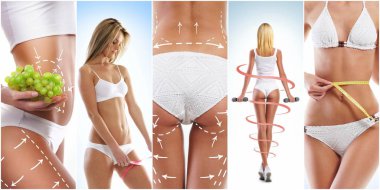 Sağlık, spor, fitness, beslenme, kilo kaybı, diyet, selülit Temizleme, yağ aldırma, sağlıklı yaşam tarzı kavramı. Bir kadın bedeninin oklarla kolaj 