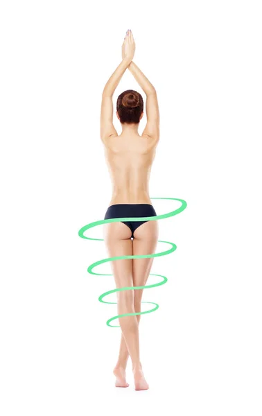 美しい女性の身体をクローズ アップ 背中とお尻 スポーツ 水分平衡 健康的な栄養の概念 青色の矢印 — ストック写真