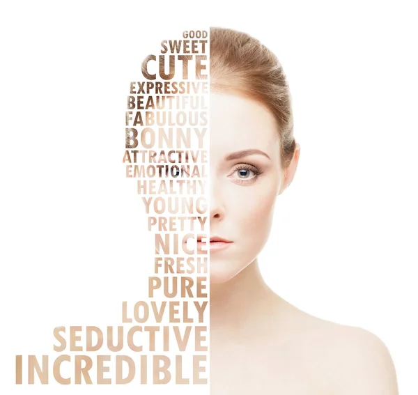 医療と美容のコンセプトで美しい女性の顔 単語モザイク効果でコラージュします — ストック写真