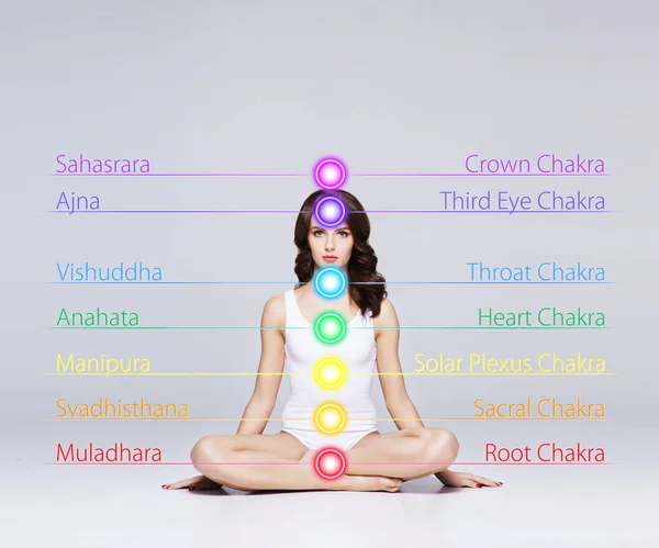 Vrouw Mediteren Lotuspositie Gekleurde Chakra Lichten Haar Lichaam Yoga Zen — Stockfoto