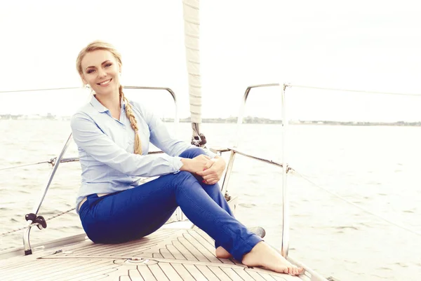 Happy Beautiful Young Woman Sitting Deck Enjoying Good Summer Day — Stock Photo, Image