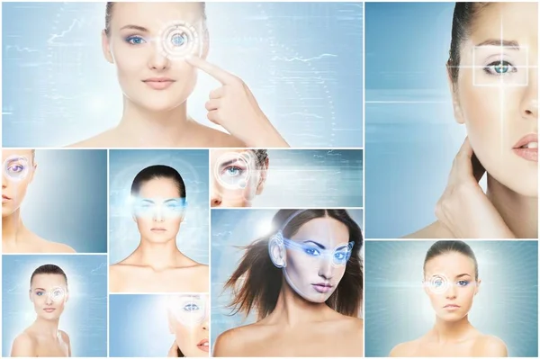 Kvinnor Med Digital Laser Hologrammet Ögon Collage Oftalmologi Ögonoperationer Och — Stockfoto