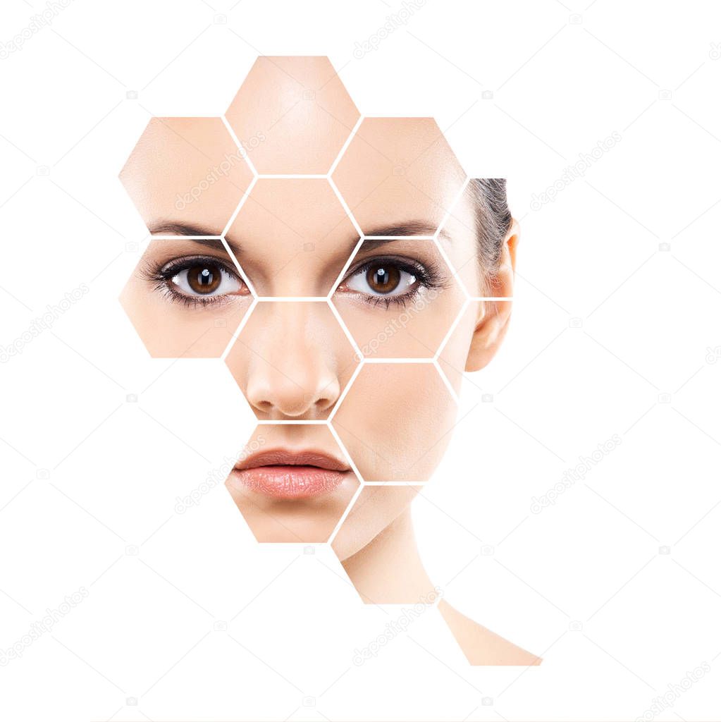 Facial portrait of young and healthy woman in honeycomb mosaic. Plastic surgery, skin care, cosmetics and face lifting concept.