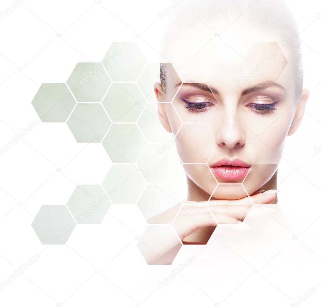 Facial portrait of young and healthy woman in honeycomb mosaic. Plastic surgery, skin care, cosmetics and face lifting concept.