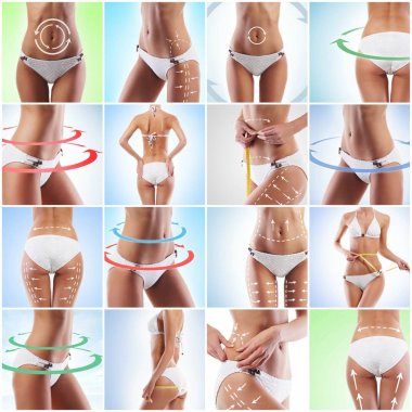 Bir kadın bedeninin oklarla kolaj. Yağ kaybetmek, sağlık, spor, fitness, beslenme, liposuction, sağlıklı yaşam tarzı kavramı