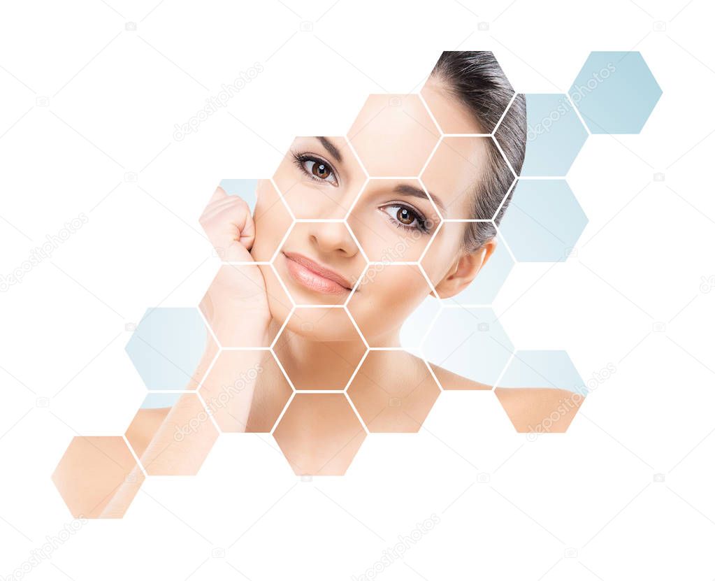 Portrait of young, healthy and beautiful woman plastic surgery, skin lifting, spa, cosmetics and medicine concept 