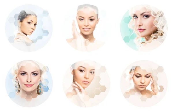 女性肖像拼贴画 年轻女性的健康面孔 面部提升 整形外科拼贴理念 蜂窝马赛克 — 图库照片