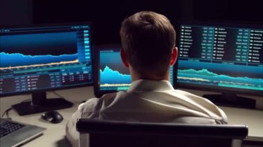 Ofiste çalışan bir borsacı. Analiz teknolojisi kullanıyor. Profesyonel tüccarların işyeri. Küresel finans piyasaları, iş stratejisi, döviz kurları ve bankacılık kavramı.