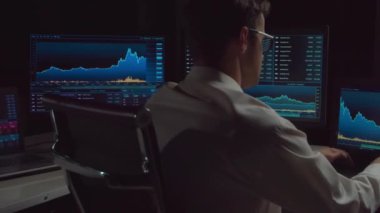 Ofiste çalışan bir borsacı. Analiz teknolojisi kullanıyor. Profesyonel tüccarların işyeri. Küresel finans piyasaları, iş stratejisi, döviz kurları ve bankacılık kavramı.