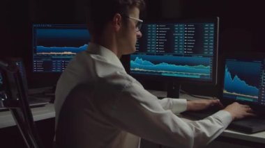 İşyeri ve analiz teknolojisi kullanarak geceleri ofiste çalışan bir tüccar. Borsa, kripto para birimi, küresel iş, finansal ticaret ve bankacılık kavramı.