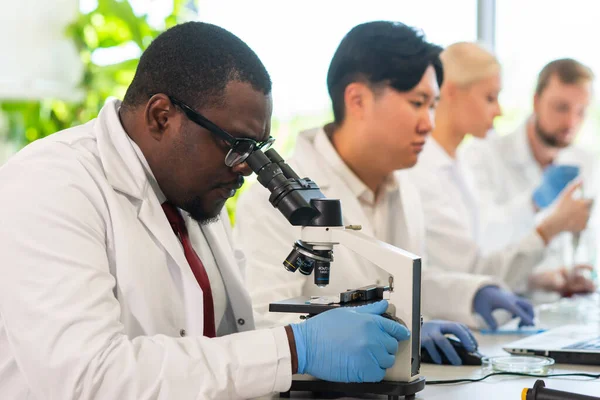 Laboratuvarda çalışan bilim adamları ve öğrenciler. Doktor stajyerlere araştırma yapmayı öğretiyor. Laboratuvar aletleri: mikroskop, test tüpleri, ekipmanlar. Biyoteknoloji, kimya, bakteriyoloji, viroloji, DNA