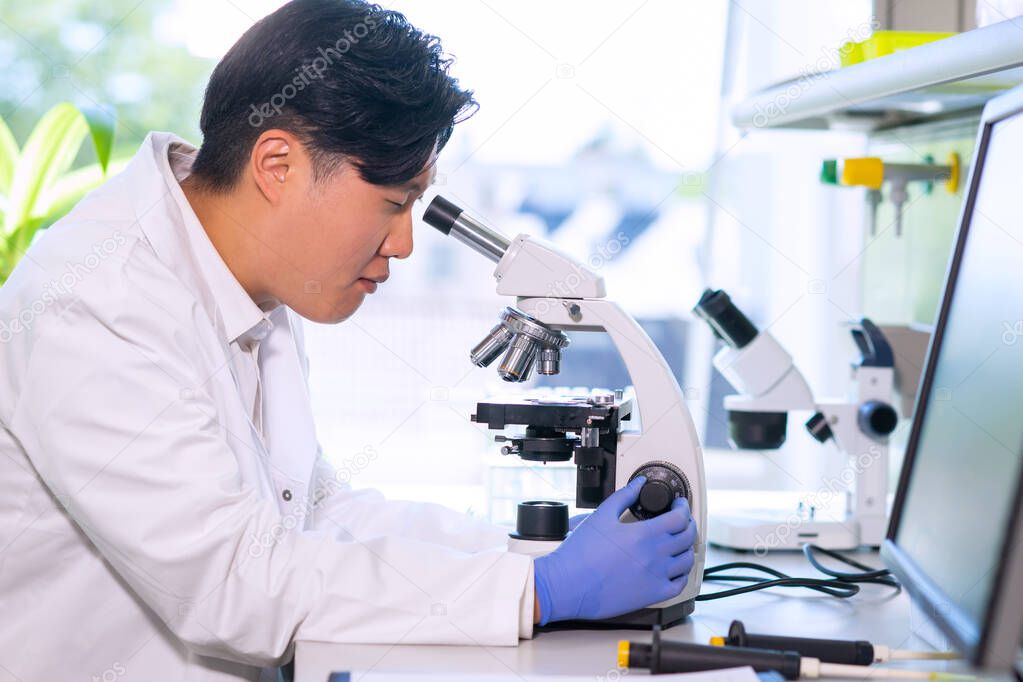 Asian medical doctor working in research lab. Science assistant making pharmaceutical experiments. Laboratory tools: microscope, test tubes, equipment. Chemistry, medicine, biochemistry, biotechnology
