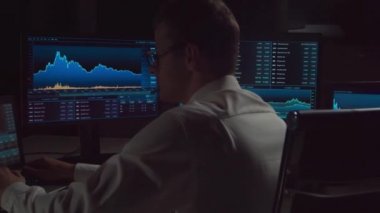 İşyeri ve analiz teknolojisi kullanarak geceleri ofiste çalışan bir tüccar. Borsa, kripto para birimi, küresel iş, finansal ticaret ve bankacılık kavramı.
