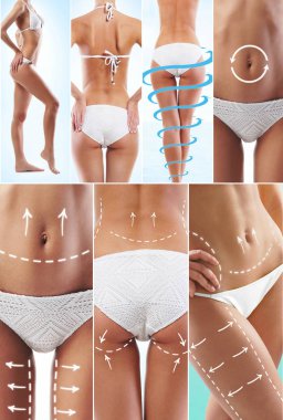 Formda, genç ve güzel bir kadın vücudu. Yağ kaybı, sağlık, spor, spor, beslenme, yağ aldırma, sağlıklı yaşam tarzı konsepti. Spor salonundaki kadın..