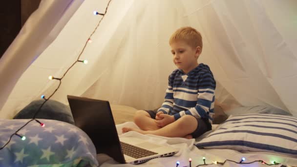 Little Boy Playing Watching Cartoons Childrens Tent Home Evening Happy — Stock Video