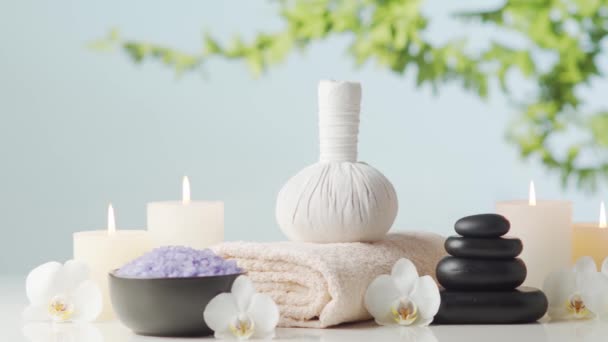 Spa Background Composition Towel Candles Flowers Stones Herbal Balls Massage — Stock Video