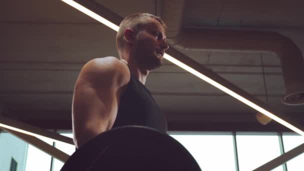 Athlétique Beau Sportif Masculin Travaillant Dans Salle Gym Aide Haltère — Video