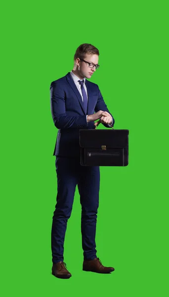 Businessman Briefcase Standing Chroma Key Background Business Career Job Concept — Stock Photo, Image