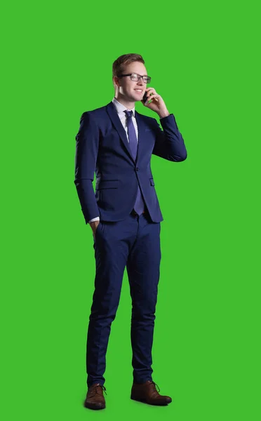 Businessman Smartphone Standing Chroma Key Background Business Career Job Concept — 스톡 사진