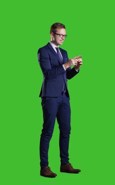 Businessman Smartphone Standing Chroma Key Background Business Career Job Concept — Stock Photo, Image