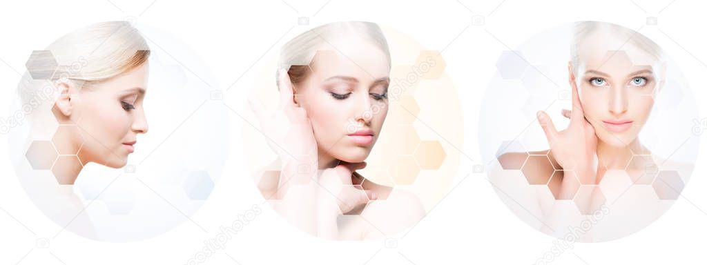 Collage of female portraits. Healthy faces of young women. Spa, face lifting, plastic surgery collage concept. Honeycomb mosaic.