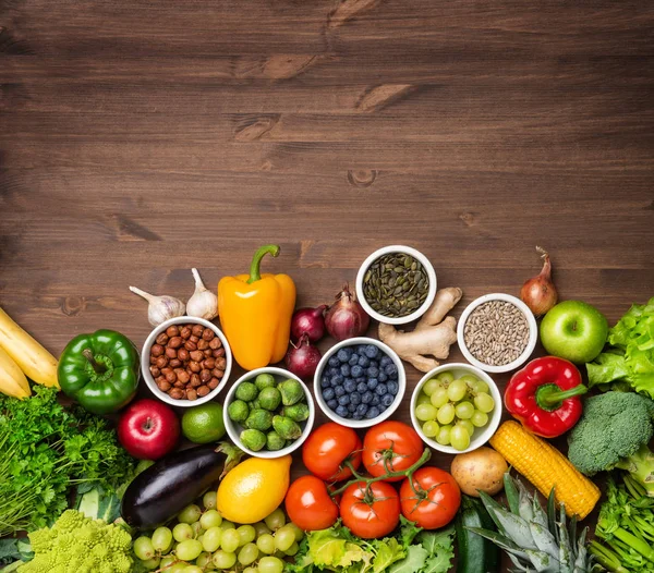 Concepto Dieta Alimentación Saludable Frutas Verduras Alimentos Veganos Ingredientes Nutricionales — Foto de Stock