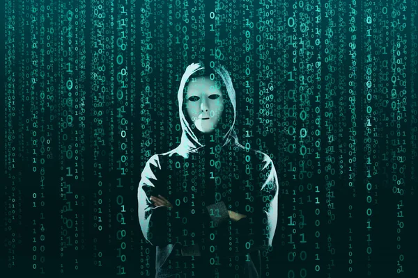 Computer Hacker Mask Hoodie Abstract Binary Background Obscured Dark Face — Stock Photo, Image