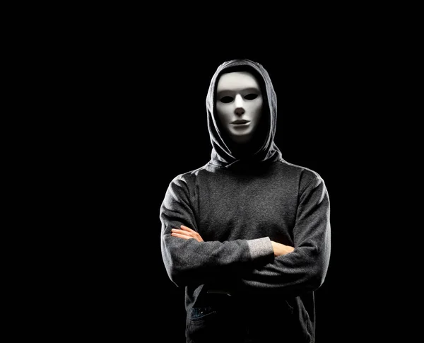 Portrait Computer Hacker White Mask Hoodie Obscured Dark Face Data — Stock Photo, Image