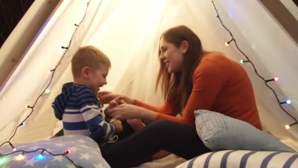 Little Boy Playing His Mother Childrens Tent Home Evening Happy — Stock Video