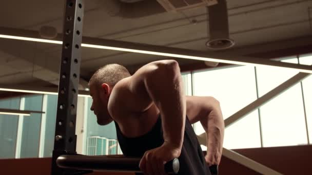 Atletisk Stilig Manlig Idrottsman Som Arbetar Gymmet Med Hjälp Ribbor — Stockvideo