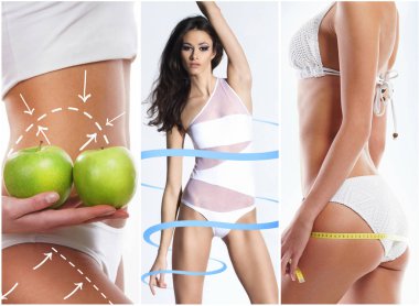 Sağlıklı, sportif ve güzel kadınlar beyaz izole. Yağ kaybetmek, sağlık, spor, fitness, beslenme, liposuction, sağlıklı yaşam tarzı kavram koleksiyonu.