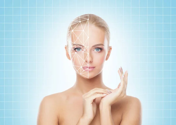 Face Beautiful Girl Scanning Grid Her Face Face Security Facial — Stock Photo, Image