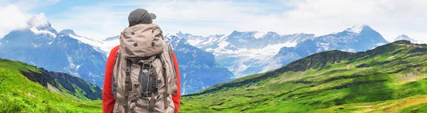 Traveler Backpack Alpine Peaks Grindelwald Jungfrau Landscape Background Bernese Highland — Stockfoto
