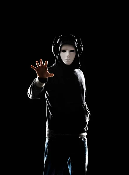 Portrait Computer Hacker White Mask Hoodie Obscured Dark Face Data — Stock Photo, Image