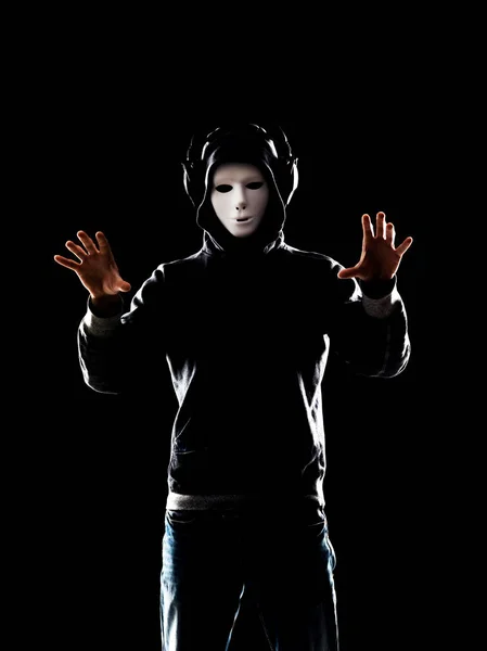 Portrét Počítačový Hacker Bílé Masce Kapucí Zakryt Snědou Tvář Údaje — Stock fotografie