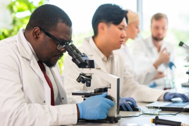 Laboratuvarda çalışan bilim adamları ve öğrenciler. Doktor stajyerlere araştırma yapmayı öğretiyor. Laboratuvar aletleri: mikroskop, test tüpleri, ekipmanlar. Biyoteknoloji, kimya, bakteriyoloji, viroloji, DNA