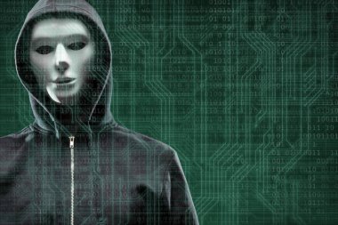 Dijital arka plan üzerinde anonim bilgisayar korsanı. Gizlenmiş karanlık yüz maskesi ve hood. Veri hırsız, internet saldırı, darknet dolandırıcılık, tehlikeli bir virüs ve siber güvenlik kavramı.