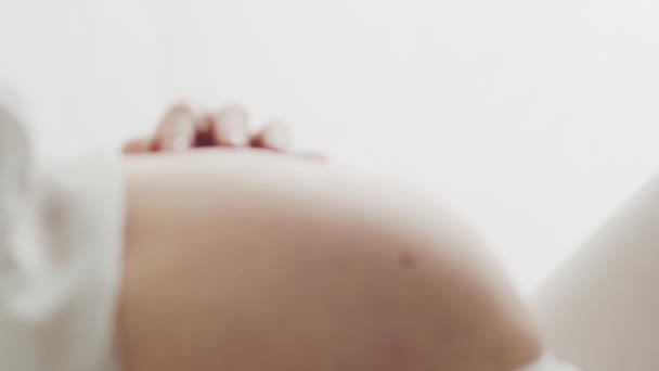 Close Mulher Grávida Tocando Sua Bela Barriga Gravidez Maternidade Conceito — Vídeo de Stock