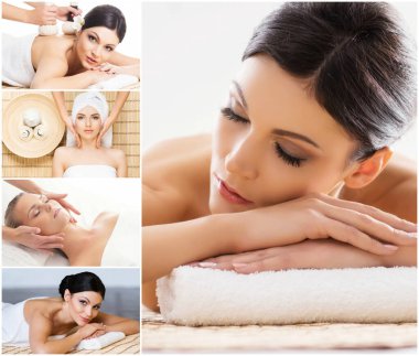 Masaj farklı türleri olan kadınlar ile fotoğraf koleksiyonu. Spa, Wellness, şifa, gençleştirme, sağlık ve Aroma terapisi kolajı.