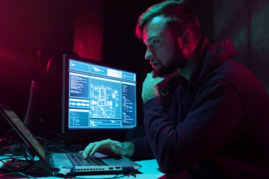 İnternet dolandırıcılığı, darknet, veri hırsızlığı, siber suç konsepti. Hükümet sunucusuna hackerlar saldırdı. Tehlikeli suçlular bodrumda virüs programları kodluyorlar..