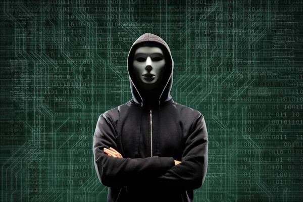 Computadora Hacker Máscara Sudadera Con Capucha Sobre Fondo Binario Abstracto — Foto de Stock