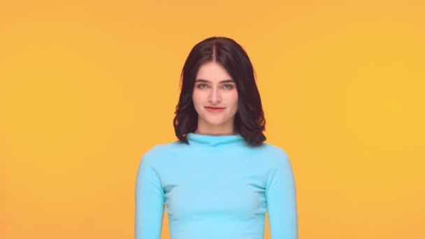 Studio Portrait Young Expressive Teenage Brunette Girl Yellow Background — Stock Video