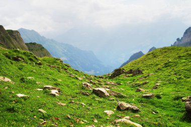 Alp tepeleri kara sapı arka planı. Jungfrau, Bernese Highland 'de. Alpler, turizm, seyahat, dağ yürüyüşü konsepti.