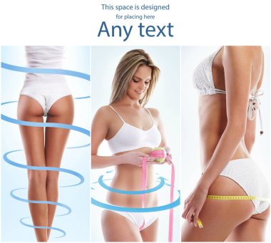 Sağlık, spor, fitness, beslenme, kilo kaybı, diyet, selülit aldırma, liposuction, sağlıklı yaşam tarzı kolaj konsepti. Güzel kadın vücudu. Mayo giymiş kadınlar.
