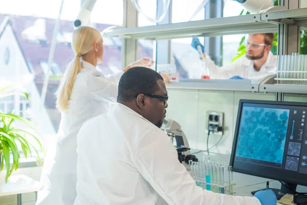 Scientist Students Working Lab Doctor Teaching Interns Make Blood Analyzing — Zdjęcie stockowe