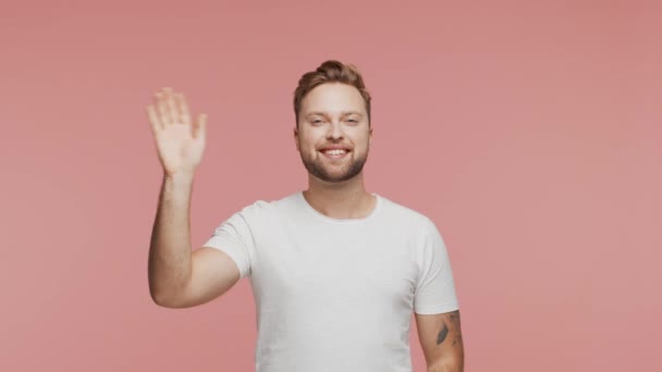 Expressive Happy Young Man Vibrant Background Studio Portrait Smiling Handsome — Stock Video